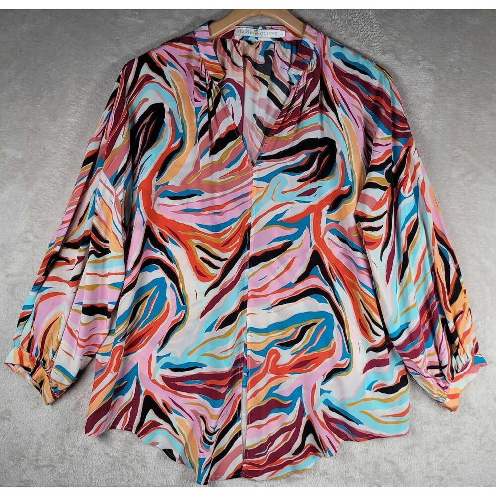 Marie Oliver Top Blouse Silk Women Sz XL Pink 3/4 Sleeve Front Tie